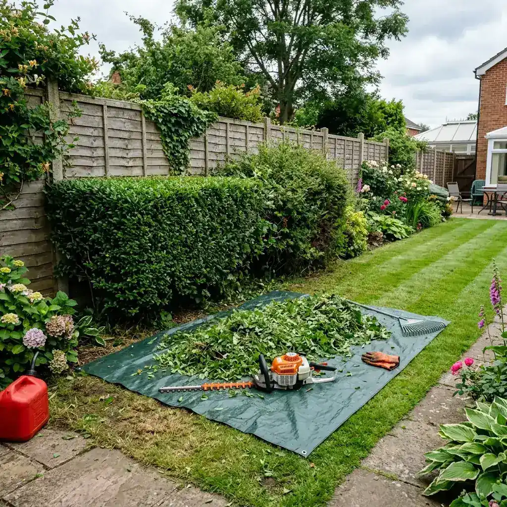 A hedge being trimmed and cleared in a Kirkby back garden